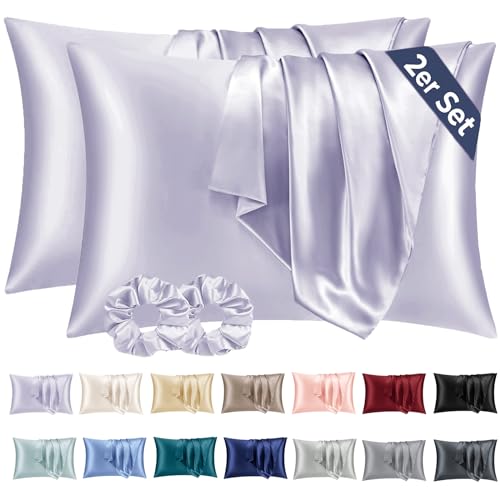 Vielit 2 Stück Satin Kissenbezug 40x60 Lila, Weich wie Seidenkissenbezug, Bessere Pflege als Silk Pillosecase, Satin Kopfkissenbezug Kissenhülle für Haar und Haut kommt mit 2 Haargummis von Vielit