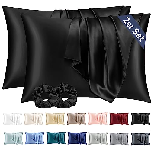 Vielit 2 Stück Satin Kissenbezug 40x60 Schwarz, Weich wie Seidenkissenbezug, Bessere Pflege als Silk Pillosecase, Satin Kopfkissenbezug Kissenhülle für Haar und Haut kommt mit 2 Haargummis von Vielit