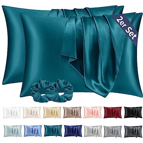 Vielit 2er Set Satin Kissenbezug 40 x 80 Petrol, Weich wie Seidenkissenbezug 40x80,Bessere Pflege als Silk Pillosecase,Satin Kopfkissenbezug Kissenhülle für Haar und Haut mit 2 Haargummis von Vielit