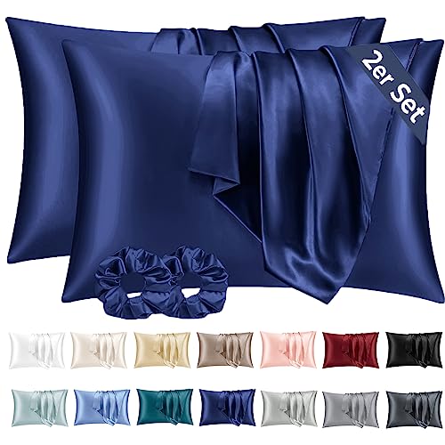 Vielit 2er Set Satin Kissenbezug 40 x 80 Dunkelblau, Weich wie Seidenkissenbezug 40x80,Bessere Pflege als Silk Pillosecase,Satin Kopfkissenbezug Kissenhülle für Haar und Haut mit 2 Haargummis von Vielit