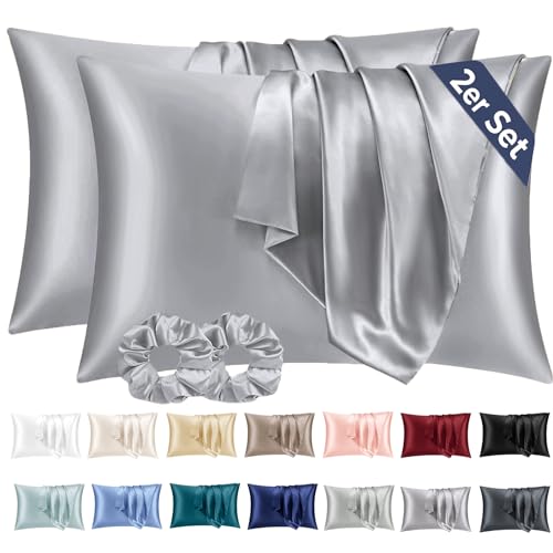 Vielit 2er Set Satin Kissenbezug 40 x 80 Grau, Weich wie Seidenkissenbezug 40x80,Bessere Pflege als Silk Pillosecase,Satin Kopfkissenbezug Kissenhülle für Haar und Haut mit 2 Haargummis von Vielit