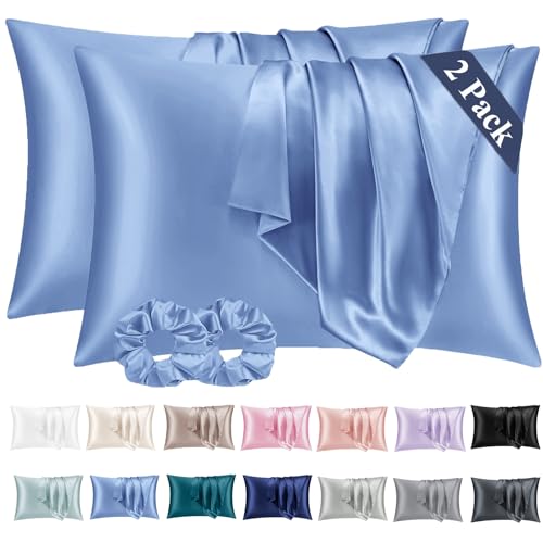 Vielit 2er Set Satin Kissenbezug 40 x 80 Blau, Weich wie Seidenkissenbezug 40x80,Bessere Pflege als Silk Pillosecase,Satin Kopfkissenbezug Kissenhülle für Haar und Haut mit 2 Haargummis von Vielit