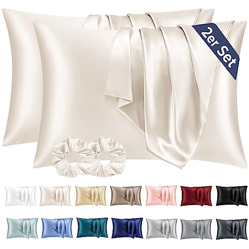 Vielit 2er Set Satin Kissenbezug 50x70 Beige, Weich wie Seidenkissenbezug,Bessere Pflege als Silk Pillosecase,Satin Kopfkissenbezug 50x70 Kissenhülle für Haar und Haut mit 2 Haargummis von Vielit