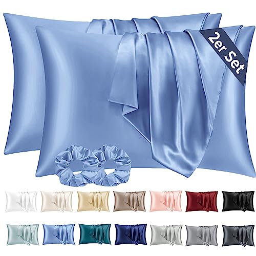 Vielit 2er Set Satin Kissenbezug 50x70 Blau, Weich wie Seidenkissenbezug,Bessere Pflege als Silk Pillosecase,Satin Kopfkissenbezug 50x70 Kissenhülle für Haar und Haut mit 2 Haargummis von Vielit