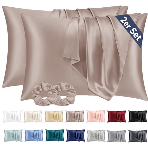 Vielit 2er Set Satin Kissenbezug 50x80 Braun, Weich wie Seidenkissenbezug,Bessere Pflege als Silk Pillosecase,Satin Kopfkissenbezug 50x80 Kissenhülle für Haar und Haut mit 2 Haargummis von Vielit