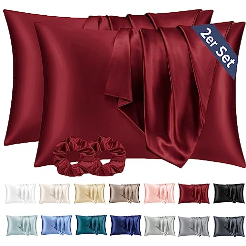 Vielit 2er Set Satin Kissenbezug 50x80 Rot, Weich wie Seidenkissenbezug,Bessere Pflege als Silk Pillosecase,Satin Kopfkissenbezug 50x80 Kissenhülle für Haar und Haut mit 2 Haargummis von Vielit