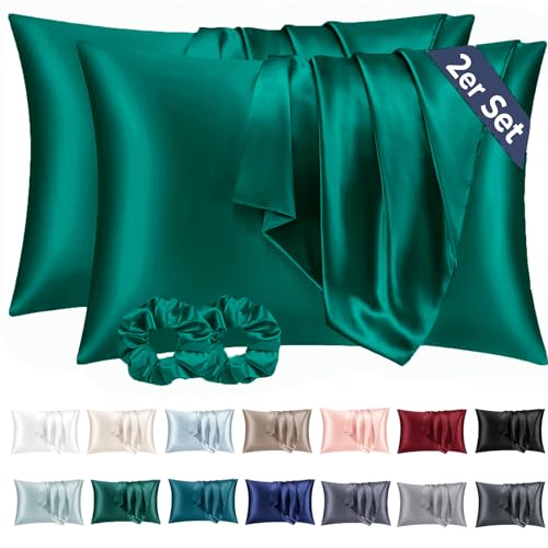 Vielit 2 Stück Satin Kissenbezug 70 x 40 Dunkelgrün, Weich wie Seidenkissenbezug, Bessere Pflege als Silk Pillosecase, Satin Kopfkissenbezug Kissenhülle für Haar und Haut kommt mit 2 Haargummis von Vielit