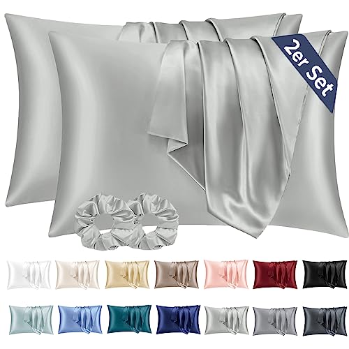 Vielit 2 Stück Satin Kissenbezug 70 x 40 Hellgrau, Weich wie Seidenkissenbezug, Bessere Pflege als Silk Pillosecase, Satin Kopfkissenbezug Kissenhülle für Haar und Haut kommt mit 2 Haargummis von Vielit