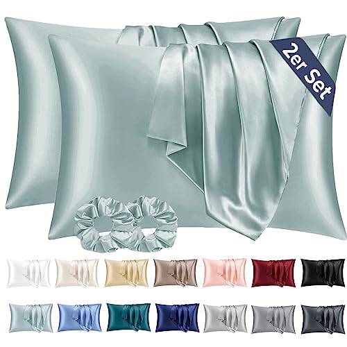 Vielit 2er Set Satin Kissenbezug 40 x 80 Grün, Weich wie Seidenkissenbezug 40x80,Bessere Pflege als Silk Pillosecase,Satin Kopfkissenbezug Kissenhülle für Haar und Haut mit 2 Haargummis von Vielit