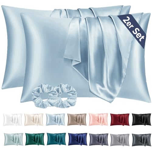 Vielit 2er Set Satin Kissenbezug 40 x 80 Hellblau, Weich wie Seidenkissenbezug 40x80,Bessere Pflege als Silk Pillosecase,Satin Kopfkissenbezug Kissenhülle für Haar und Haut mit 2 Haargummis von Vielit