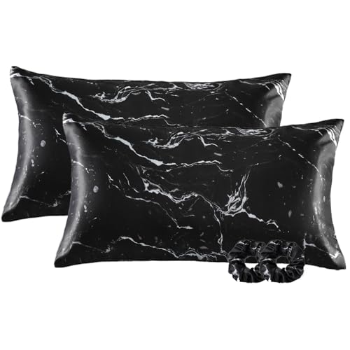 Vielit 2er Set Satin Kissenbezug 40 x 80 Schwarz Marmor, Weich wie Seidenkissenbezug 40x80,Bessere Pflege als Silk Pillosecase,Satin Kopfkissenbezug Kissenhülle für Haar und Haut mit 2 Haargummis von Vielit