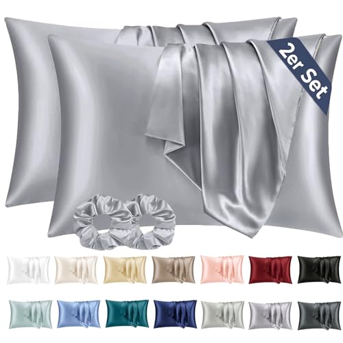 Vielit 2er Set Satin Kissenbezug 50x80 Grau, Weich wie Seidenkissenbezug,Bessere Pflege als Silk Pillosecase,Satin Kopfkissenbezug 50x80 Kissenhülle für Haar und Haut mit 2 Haargummis von Vielit