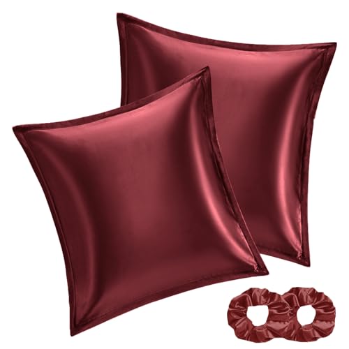 Satin Kissenbezug 60x60 2er Set & 2 Haargummis Rot,Vielit Weich wie Seidenkissenbezug,Bessere Pflege als Silk Pillosecase,Satin Kopfkissenbezug Kissenhülle für Haar und Haut Reißverschluss von Vielit