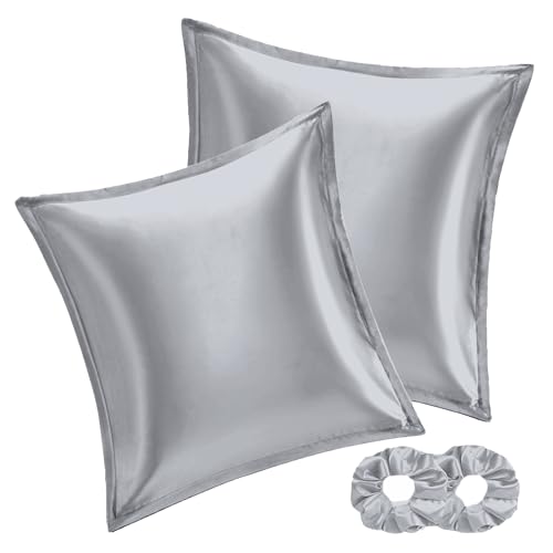 Vielit 2er Set Satin Kissenbezug 65x65 Grau,Weich wie Seidenkissenbezug,Bessere Pflege als Silk Pillosecase,Satin Kopfkissenbezug Kissenhülle für Haar und Haut Reißverschluss mit 2 Haargummis von Vielit