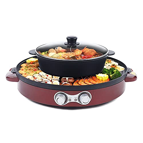 2 in1 Elektro Multifunktions Grill Hot Pot, BBQ Grill und Mandarinente Hot Pot,Separater Doppelthermostat Grilltopf Antihaftbeschichtung für Familie Abendessen Freunde Party Rot von Vielrosse