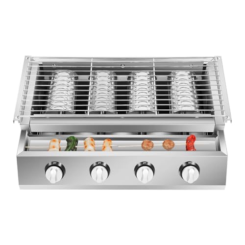 Edelstahl Gasbräter, Professional Gasgrill mit Grillrost, Höhenverstellbar Abnehmbarer BBQ Gasbräter 4-flammig Gastrobräter für Camping Balkon Garten von Vielrosse