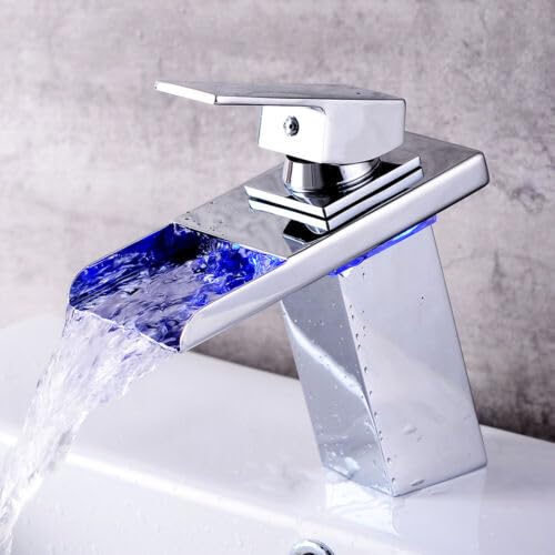 LED Wasserfall Wasserhahn, RGB 3 Farbewechsel Waschtischarmatur Bad Waschbecken mit Temperatursensor Beleuchtung von Vielrosse