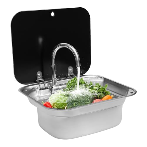 RV Camping Spüle Bausatz, Edelstahl Waschbecken mit Gefaltetem Wasserhahn und Gehärtetes Glas Deckel Küche Handwaschbecken Spüle für RV Caravan Camper 42.3×37.3×15cm von Vielrosse