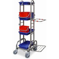 Reinigungswagen Edelstahl IV, 2x 10 + 1x 6 Liter, Halterahmen für 120-Liter-Abfallsack, 4 Auffangschalen von EVO-PRODUCTS
