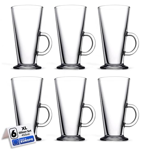 Vienberg 6 Stück XL Lang Glas Kaffeetassen Set mit Henkel | Eiskaffee, Latte, Heiße Schokolade, Cappuccino, Irish Kaffee Teegläser | 455ml | Lattegläser Kaffeeglas | Bleifrei, Spülmaschinenfest von Vienberg