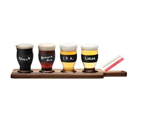 Vienberg Bierprobe-Set; 4x 148cl Gläsern mit Tafelfeld + Holz-Paddel + 2x Kreide | Kit für Bierverkostung | Biergläser beschreibbar von Vienberg