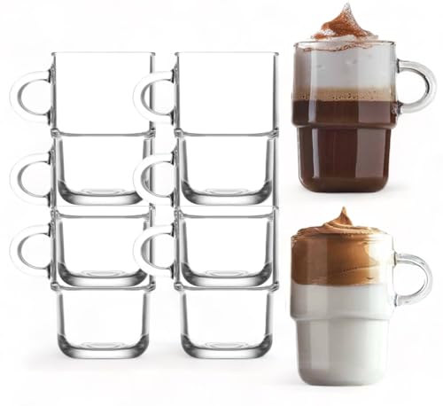 vienberg Cozy 6 Stück Premium Lattegläser Cappuccinogläser mit Henkel | Stapelbar | 360ml | Glas mit Henkel Teegläser, Latte Machiatto Cappuccino-Tassen Gläser, Kaffee-Gläser Tringkläser dicke Glas von vienberg
