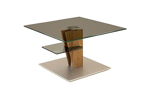 Vierhaus, 5630-WEIX-GPA, Glas/Massivholz/MDF, höhenverstellbar, rollbar, 70 x 70 x 47-65 cm, Parsolglas/Wildeiche geölt/Edelstahlfarbig von Vierhaus