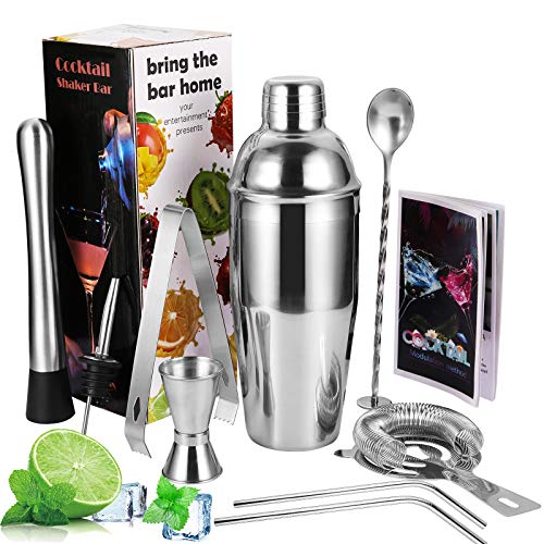 Viesap Cocktail Shaker, 9 Pcs Shaker Cocktail Set, Edelstahl Shaker Set, Bar Zubehör Cocktail Mixer, Cocktail Bar Kit mit 750ML Shaker/Barstößel/Messbecher/Sieb/Eis Clip/Stroh/Löffel/Umleitung Düse. von Viesap