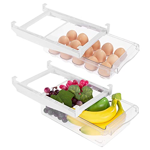 Viesap Kühlschrank Organizer, 2 Pack Kühlschrank Organizer Schublade, Ausziehbare Kühlschrank Schublade Organizer, Kühlschrank Aufbewahrungsbox, Klarer Behälter Lebensmittel Getränke Eier Obst. von Viesap