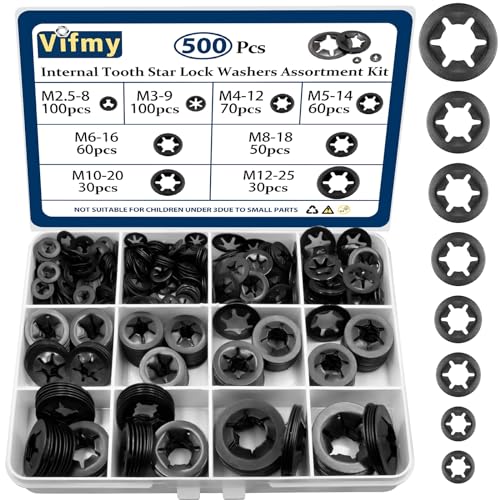 Vifmy 500 Stück Innenzahn-Sternscheiben, M2,5 M3 M4 M5 M6 M8 M10 M12 Schnellspann-Sicherungsscheiben-Sortiment-Kit, Stahl, Schwarzoxid-Finish, zum Aufstecken Vifmy 500 Stück Innenzahn-Sternscheiben, M2,5 M3 M4 M5 M6 M8 M10 M12 Schnellspann-Sicherungsscheiben-Sortiment-Kit, Stahl, Schwarzoxid-Finish, zum Aufstecken von Vifmy