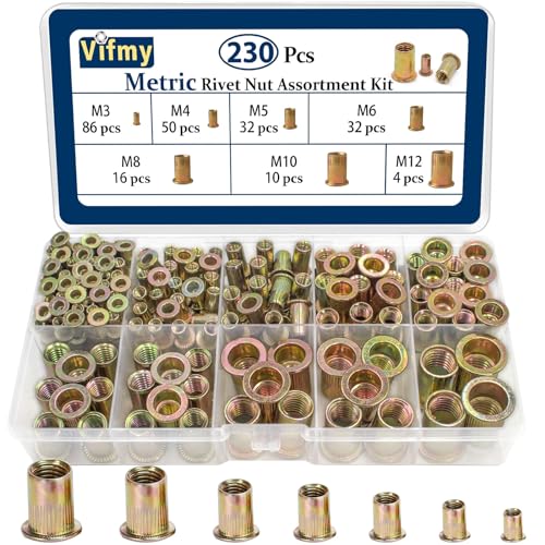 Vifmy Metrisches Nietmuttern-Sortiment (230 Stück), M3 M4 M5 M6 M8 M10 M12 Flachkopf-Nietmuttern-Set, verzinktes Finish, Karbonstahl-Mutterneinsatz von Vifmy