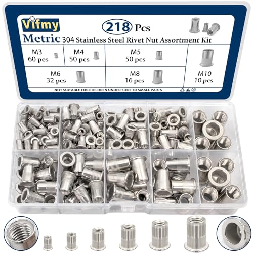 Vifmy Metrisches Nietmuttern-Sortiment aus Edelstahl 304 (218-teilig), M3 M4 M5 M6 M8 M10 Flachkopfmutternsatz, Nietmuttern-Gewindeeinsatzmuttern von Vifmy