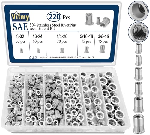 Vifmy SAE Nietmuttern-Sortiment (220 Stück): #8-32#10-24 1/4"-20 5/16"-18 3/8"-16 Flachkopf-Nietmuttern aus Edelstahl 304 mit Gewindeeinsatz von Vifmy