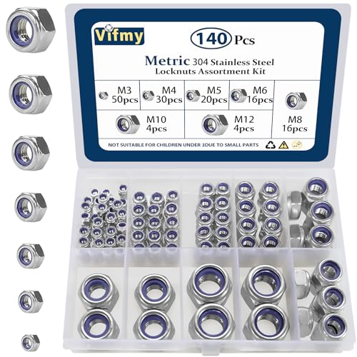 Vifmy Sicherungsmuttern-Sortiment, M3, M4, M5, M6, M8, M10, M12, 140-teilig, metrisches Sicherungsmuttern-Set mit Nyloneinsatz, Sicherungsmuttern aus Edelstahl 304 für Bolzen Vifmy Sicherungsmuttern-Sortiment, M3, M4, M5, M6, M8, M10, M12, 140-teilig, metrisches Sicherungsmuttern-Set mit Nyloneinsatz, Sicherungsmuttern aus Edelstahl 304 für Bolzen von Vifmy