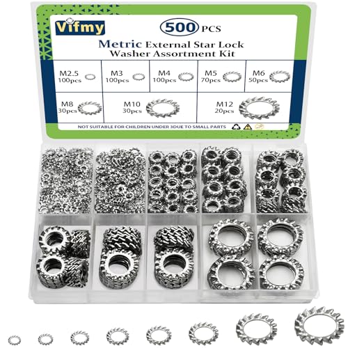 Vifmy Sortimentskit für externe Zahnscheiben (500 Stück), M2,5 M3 M4 M5 M6 M8 M10 M12, metrische externe Sternscheibensätze aus Edelstahl 304 von Vifmy