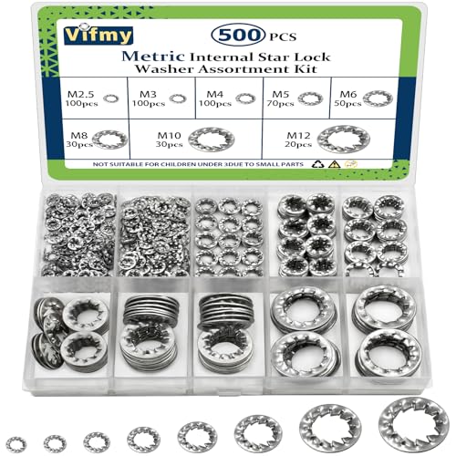 Vifmy Sortimentskit mit Innenzahn-Sternscheiben (500 Stück), M2,5 M3 M4 M5 M6 M8 M10 M12, metrische Innenzahnscheiben-Sets aus Edelstahl 304 von Vifmy