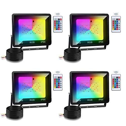 Vigevee 4er RGB Strahler 50W, RGB LED Fluter 16 Farben 4 Modi mit Memory Funktion, Bunt Farbwechsel LED Strahler Außen mit Fernbedienung, IP66 Wasserdicht für Gärten, Innenhöfe (kein Stecker) von Vigevee