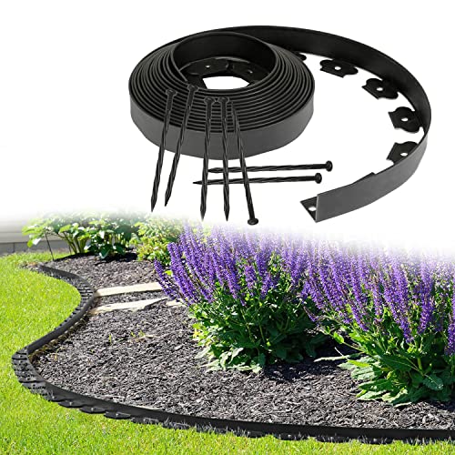 Vigevee Flexible Rasenkante, Beeteinfassungen aus Kunststoff mit 90 Erdanker Plastic Beeteinfassung,Gartenzaun Rasenbegrenzung Lawn Border Garten, Schwarz Länge 30m Höhe 5cm von Vigevee