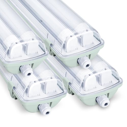 Vigevee LED Feuchtraumleuchte Wannenleuchte 120cm 2 x 18w 3600LM Neutralweiß 4500K Doppelt T8 LED Röhre, IP65 Wasserfest Feuchtraumlampe Werkstattlampe für Garage, Keller, Büro - 4 Stück von Vigevee