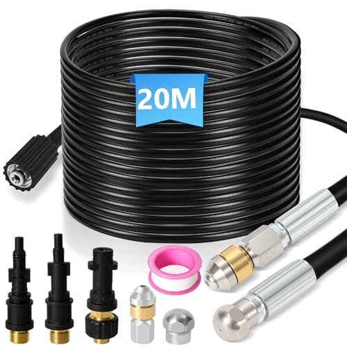 Vigevee Rohrreinigungsschlauch Set 20M, mit Düsen starr + rotierend, 3 Adapter, für handelsübliche Hochdruckreiniger, universelles Rohrreinigungs Set von Vigevee