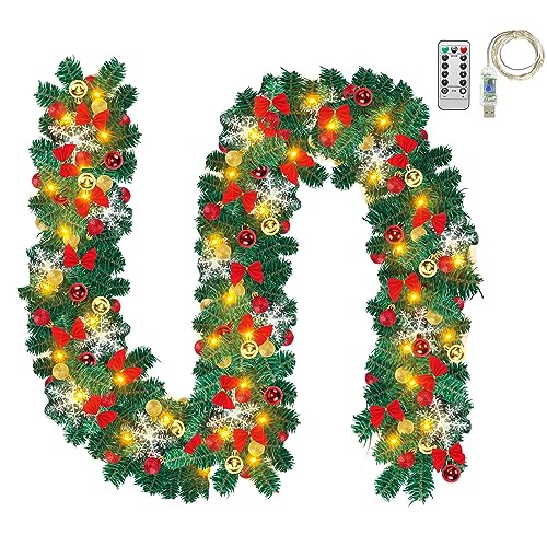 Vigevee Weihnachtsgirlande 5m mit Beleuchtung, Künstliche Tannengirlande mit 100 LEDs Warmweiß inkl.Deko und Fernbedienung, USB 8 Modus Lichterketten, Weihnachtsdeko In & Outdoor von Vigevee