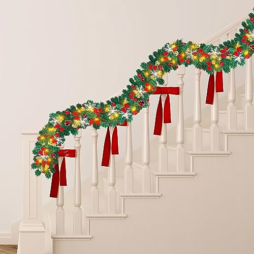 Vigevee Weihnachtsgirlande mit Beleuchtung, 5m Künstlich Tannengirlande mit 100 LEDs Warmweiß Weihnachtskranz inkl. Deko, 8 Modus Girlande Weihnachtsbeleuchtung für Innen und Außen von Vigevee