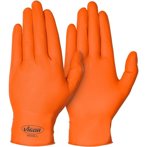 ViGOR Nitril Handschuhe V6436-L 100er Pack | ausgezeichente Haftung, Rutschfest auch im Umgang mit Öl, Fett, Chemikalien und Schmutz | Touchscreen Handschuhe | Farbe: Orange, Größe 9 (L) von Vigor