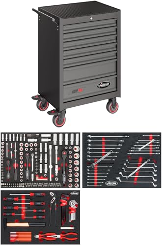 ViGOR Werkstattwagen Series M mit 256-teiligem Sortiment V2379N, 7 Schubladen, Schaumstoffmatte, 400 kg Tragkraft, mit Zangen, Schraubendrehern,abschließbar, 681 x 460 x 1016 mm von Vigor