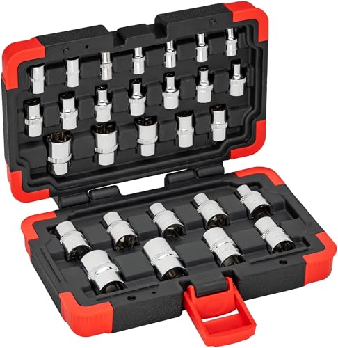 ViGOR Torx Steckschlüsseleinsatz Satz, 28-teilig, 1/4 Zoll (6,3 mm), 3/8 Zoll (10 mm), 1/2 Zoll (12,5 mm), Vierkant, Torx, V2687N von Vigor
