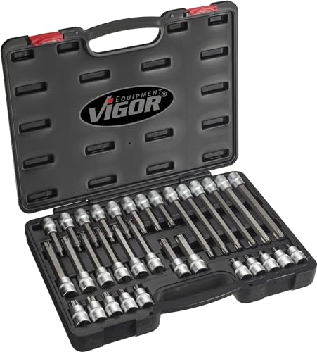 ViGOR Torx Schraubendreher-Einsatz Satz V1917 I 32-teiliges Werkzeug-Set, Antrieb: Vierkant 12,5 mm (1/2 Zoll), Abtrieb: T Profil mit Schlüsselweite: T20 – T70 für Handbetätigung ViGOR Torx Schraubendreher-Einsatz Satz V1917 I 32-teiliges Werkzeug-Set, Antrieb: Vierkant 12,5 mm (1/2 Zoll), Abtrieb: T Profil mit Schlüsselweite: T20 – T70 für Handbetätigung von Vigor