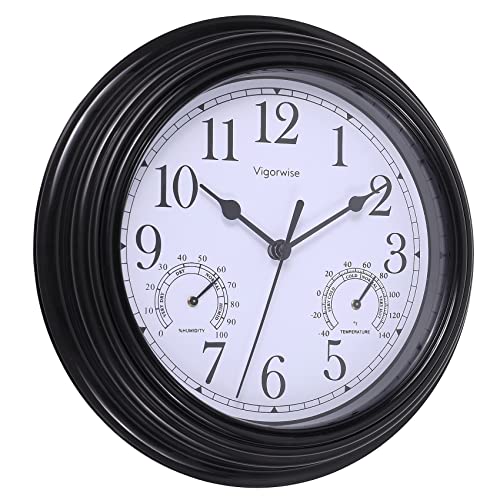Vigorwise Wanduhr, Sweep Silent Movement Accurate Uhren mit Temperatur & Luftfeuchtigkeit, Dekorativ für Küche/Wohnzimmer/Schlafzimmer/Büro/Schule/Klassenzimmer (Schwarz, 9 Zoll) von Vigorwise