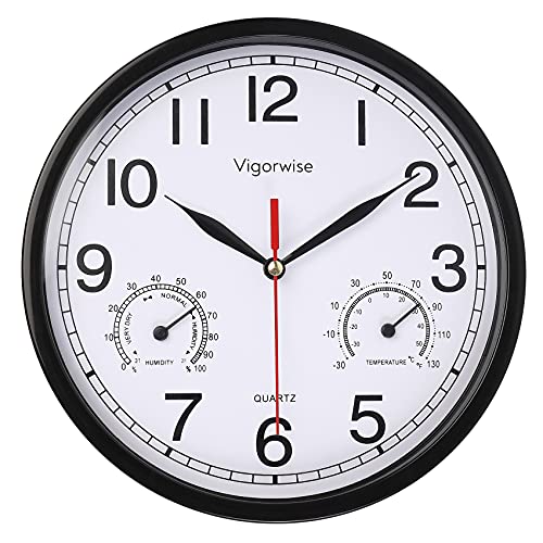 Vigorwise Wanduhr, geräuschloses Uhrwerk, genaue Uhren mit Temperatur und Luftfeuchtigkeit, dekorativ für Küche/Wohnzimmer/Schlafzimmer/Büro/Schule/Klassenzimmer (schwarz, 20,3 cm) von Vigorwise