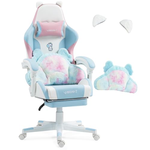 Gaming Stuhl Niedlich mit Ohren und Kawaii Kissen, Ergonomische Computer-Spiel-Stuhl für Mädchen mit Lendenwirbelstütze und Fußstütze, bequeme zurücklehnen PC Gamer Stuhl für Teenager (BluePink) Gaming Stuhl Niedlich mit Ohren und Kawaii Kissen, Ergonomische Computer-Spiel-Stuhl für Mädchen mit Lendenwirbelstütze und Fußstütze, bequeme zurücklehnen PC Gamer Stuhl für Teenager (BluePink) von Vigosit