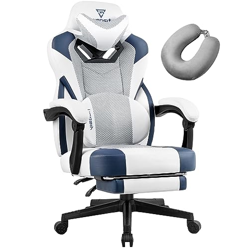 Vigosit Gaming Stuhl PRO, Gaming Sessel Bürostuhl Ergonomische für Erwachsene, Office Nap Gaming Chair Stühle schreibtischstuhl mit Sitzkissen Fußstütze, Mesh Drehstuhl Massagesessel (Weiß Blau) von Vigosit